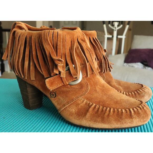 BORN Tan Suede Leather Ankle Boots Booties Fringe Thora Moccasin Block Heel 11 - Picture 9 of 9